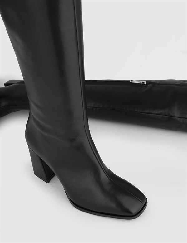 Alvarita Black Leather Women's Heeled High Boot