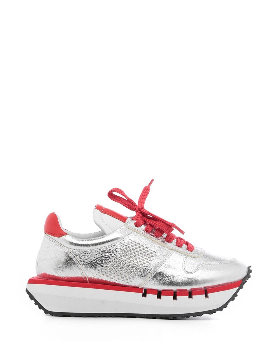 silver and red sneakers