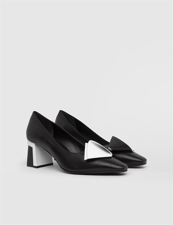 Gomez Hakiki Deri Kadın Siyah Beyaz Topuklu Ayakkabı