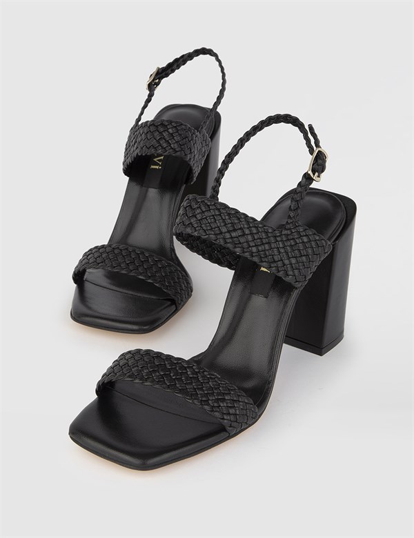 Holy Black Woven Leather Women's Heeled Sandal