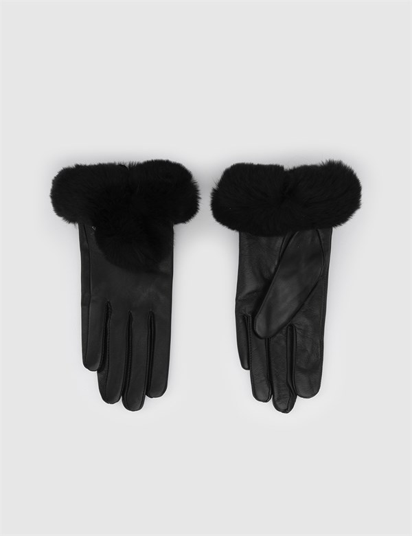 Lotofen Black Women's Leather Gloves with Black Fur