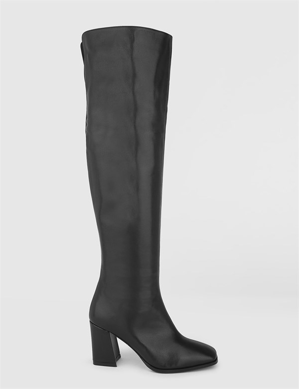 Alvarita Black Leather Women's Heeled High Boot