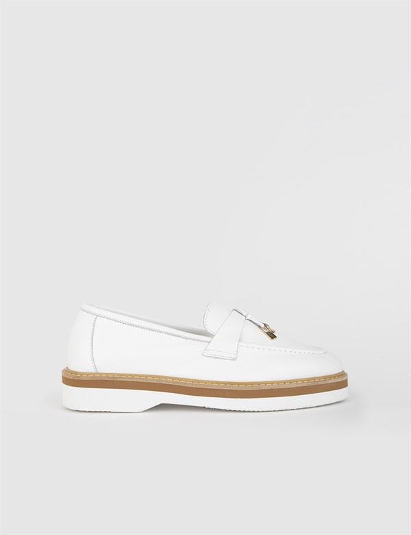 Amba Hakiki Deri Kadın Beyaz Loafer Ayakkabı