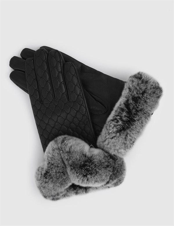 Asvoria Black Women's Leather Gloves with Grey Fur