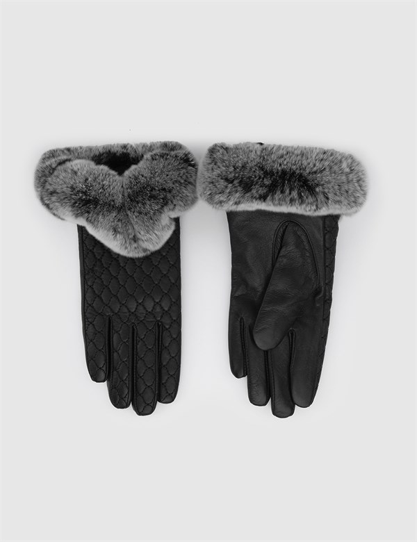 Asvoria Black Women's Leather Gloves with Grey Fur