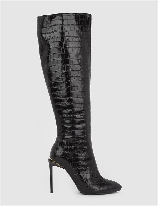 Blasia Hakiki Kroko Deri Kadın Siyah Topuklu Çizme