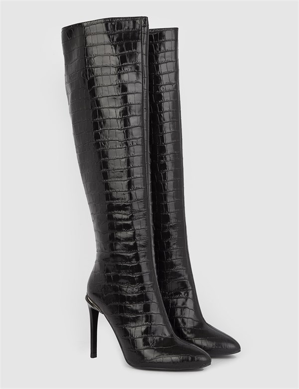 Blasia Hakiki Kroko Deri Kadın Siyah Topuklu Çizme