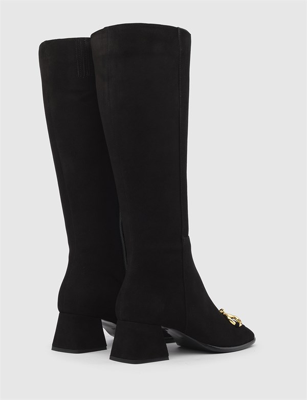 Botik Hakiki Süet Deri Kadın Siyah Topuklu Çizme