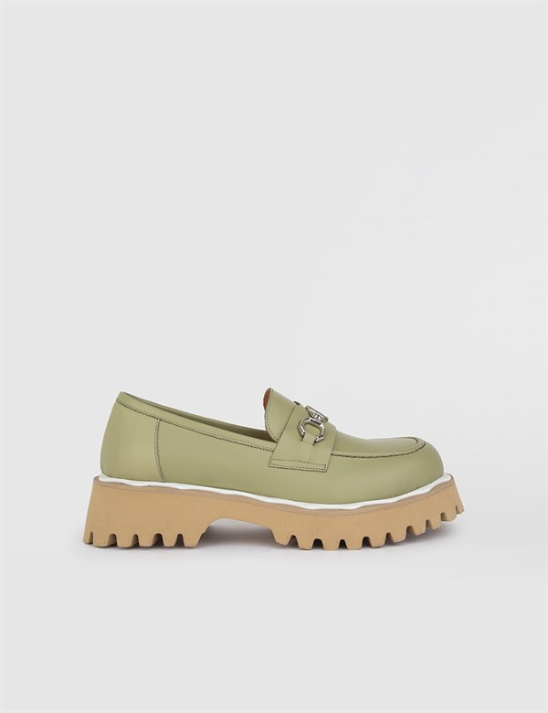 Cery Olive Green Leather Women's Loafer