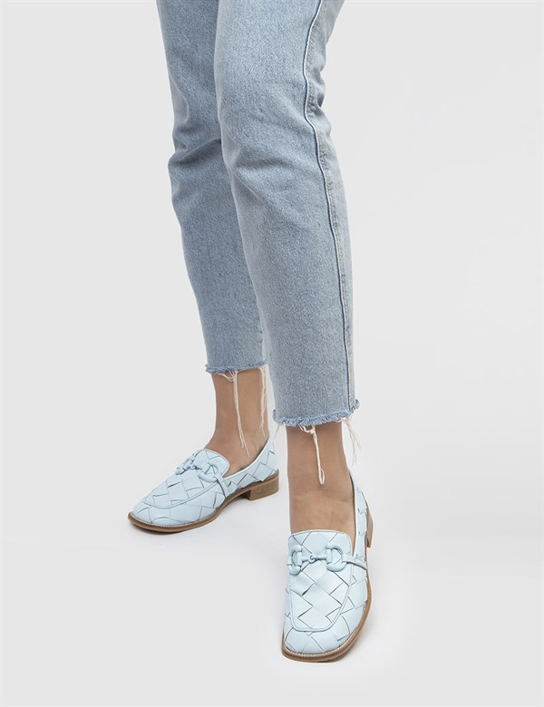 Elsie Örgü Hakiki Deri Kadın Mavi Loafer Ayakkabı