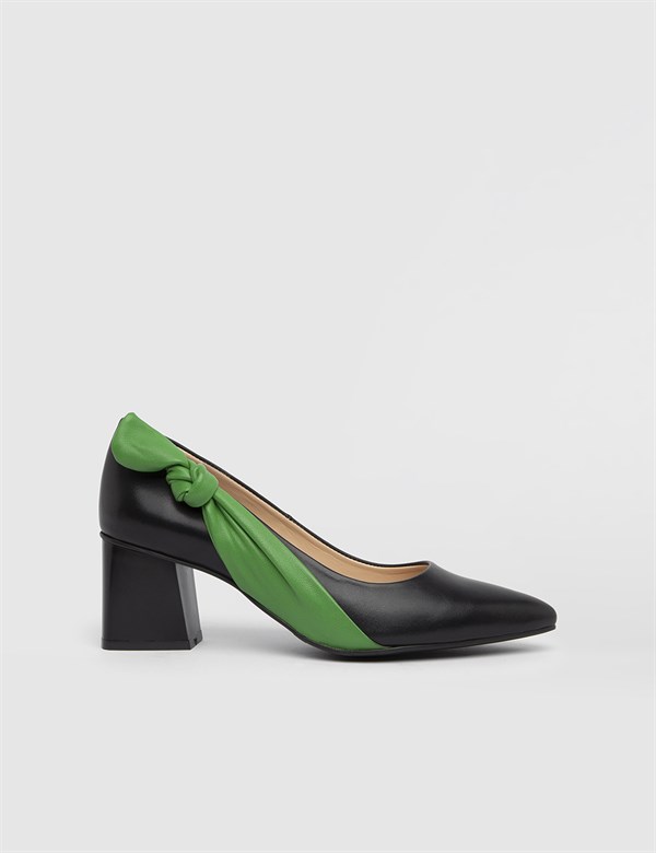 Filip Hakiki Deri Kadın Siyah Yeşil Topuklu Ayakkabı
