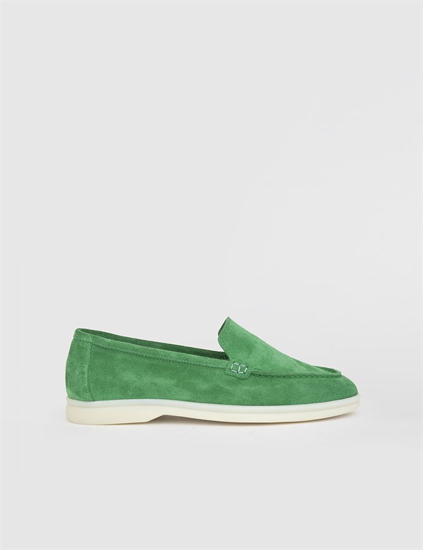 Gader Hakiki Süet Deri Kadın Yeşil Loafer Ayakkabı