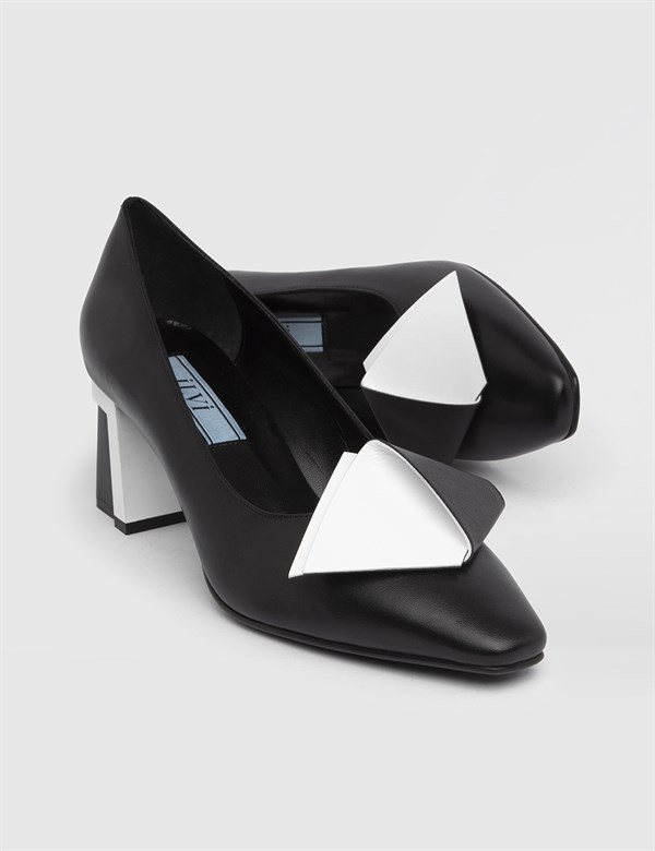Gomez Hakiki Deri Kadın Siyah Beyaz Topuklu Ayakkabı