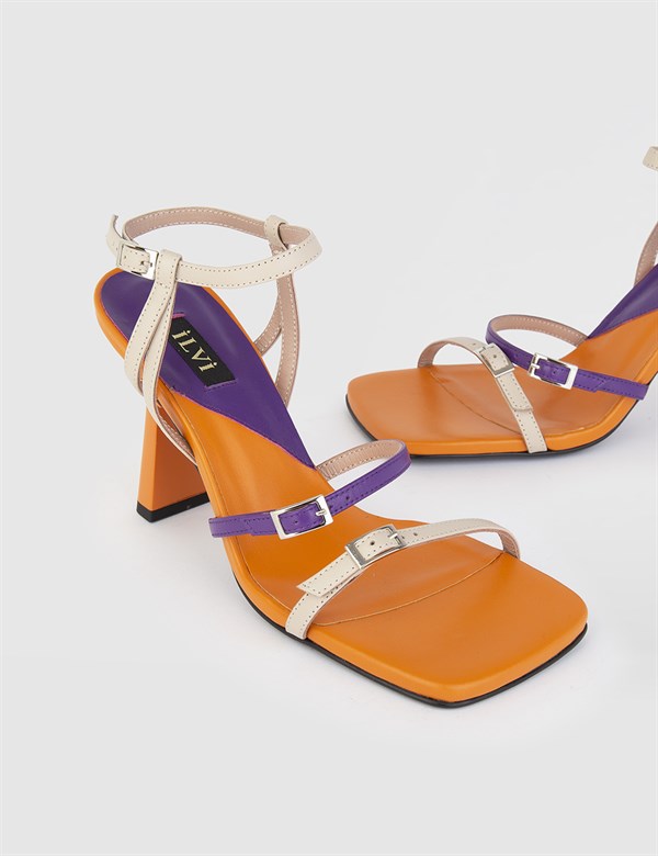 Helmi Orange Leather Women's Heeled Sandal