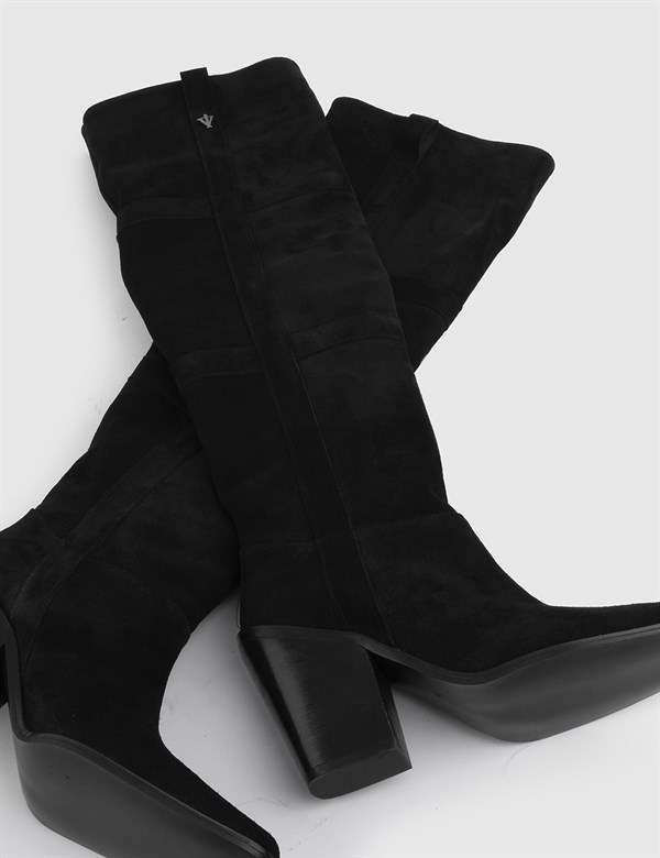 Hidalgo Hakiki Süet Deri Kadın Siyah Topuklu Çizme