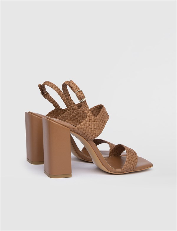 Holy Saddle Brown Woven Leather Women's Heeled Sandal