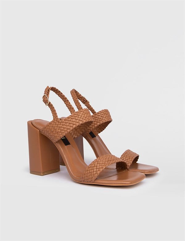 Holy Saddle Brown Woven Leather Women's Heeled Sandal