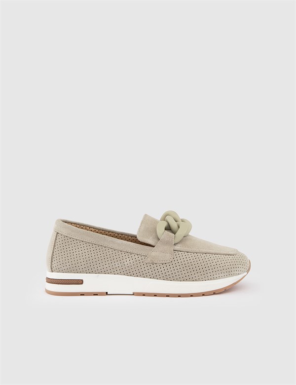 Kepong Beige Suede Leather Women's Loafer