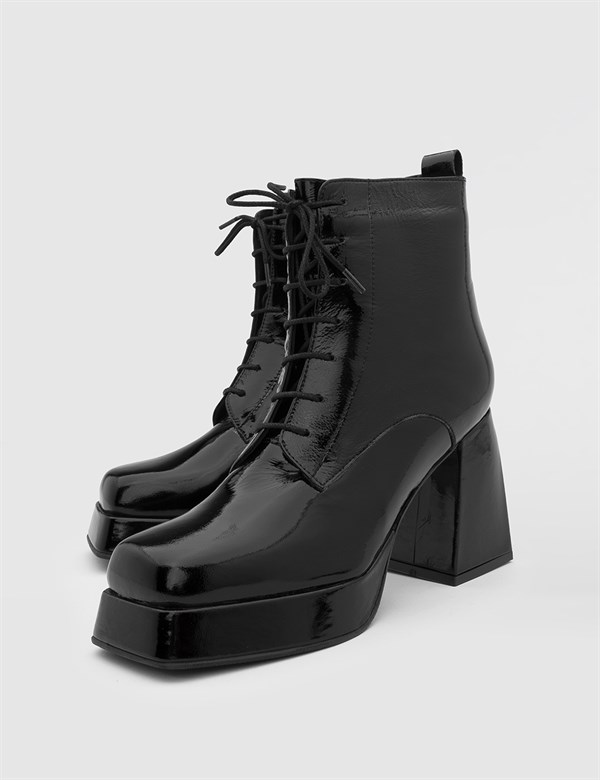 Lapulya Black Patent Leather Women's Heeled Boot
