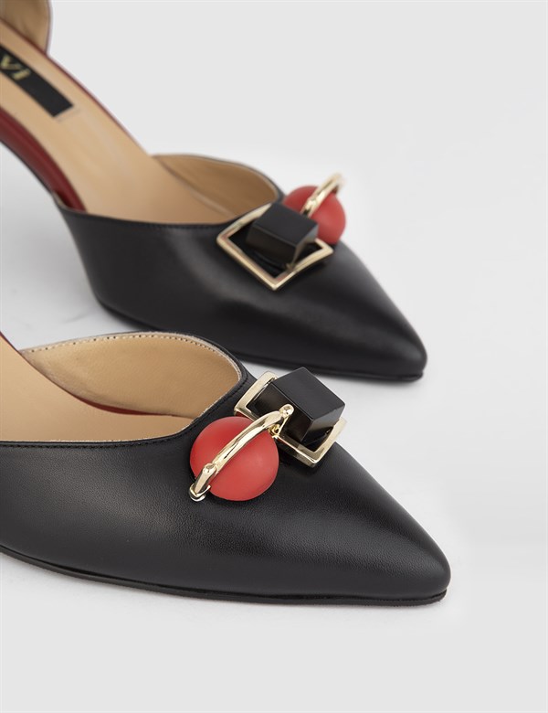 Nurdey Black-Red Leather Women's Heeled Sandal