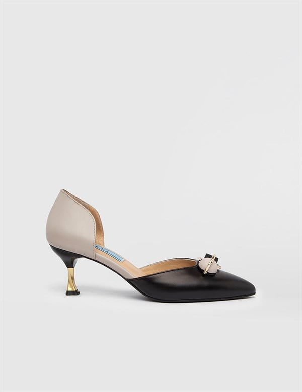 Nurdey Black-Beige Leather Women's Heeled Sandal