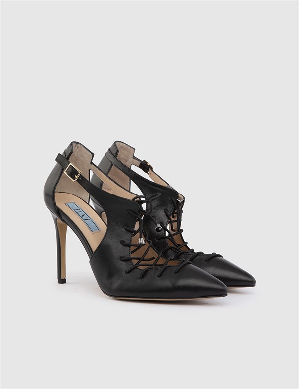Peubla Black Leather Women's Heeled Sandal