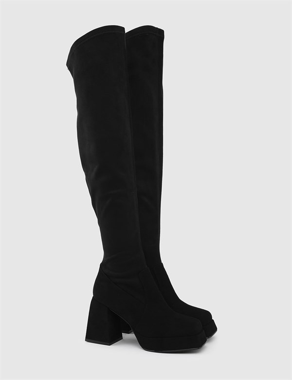 Senate Black Suede Leather Women's Stretch Heeled High Boot