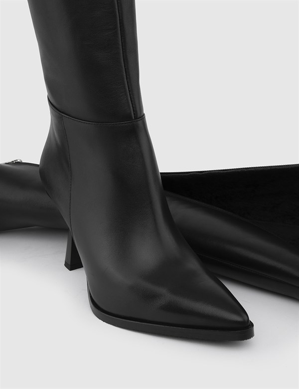 Tacna Hakiki Deri Kadın Siyah Topuklu Çizme