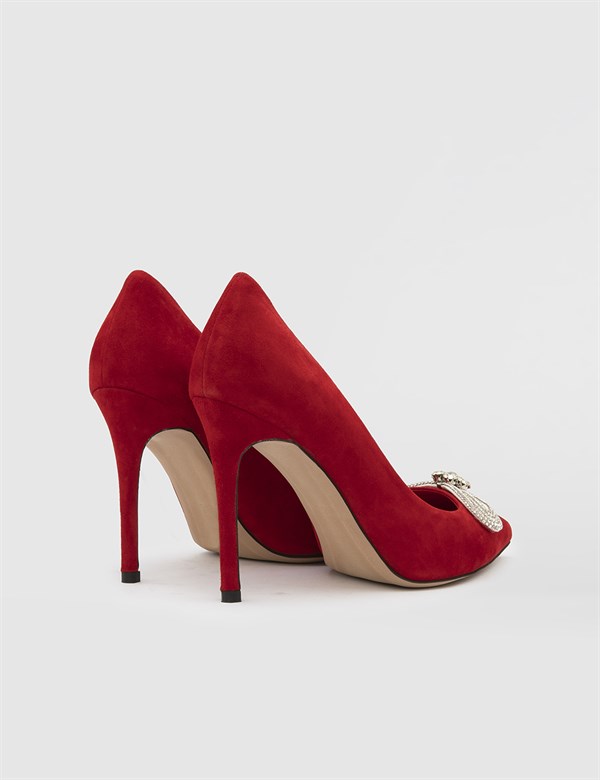 Temka Hakiki Süet Deri Kadın Kırmızı Topuklu Ayakkabı