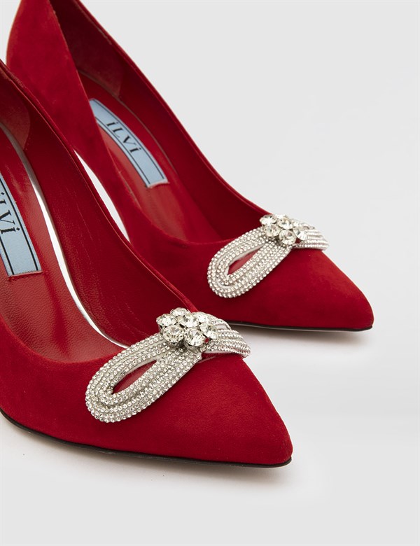 Temka Hakiki Süet Deri Kadın Kırmızı Topuklu Ayakkabı