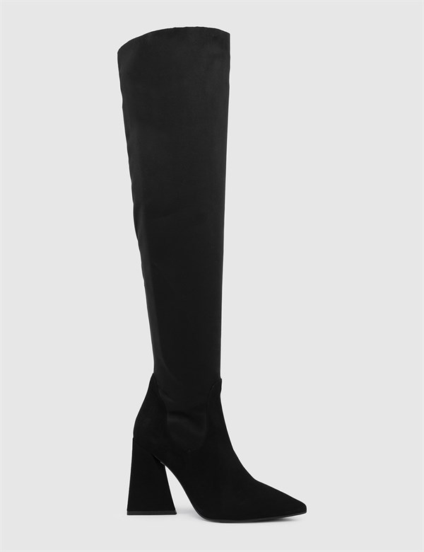 Torbay Hakiki Süet Deri Kadın Siyah Topuklu Çizme