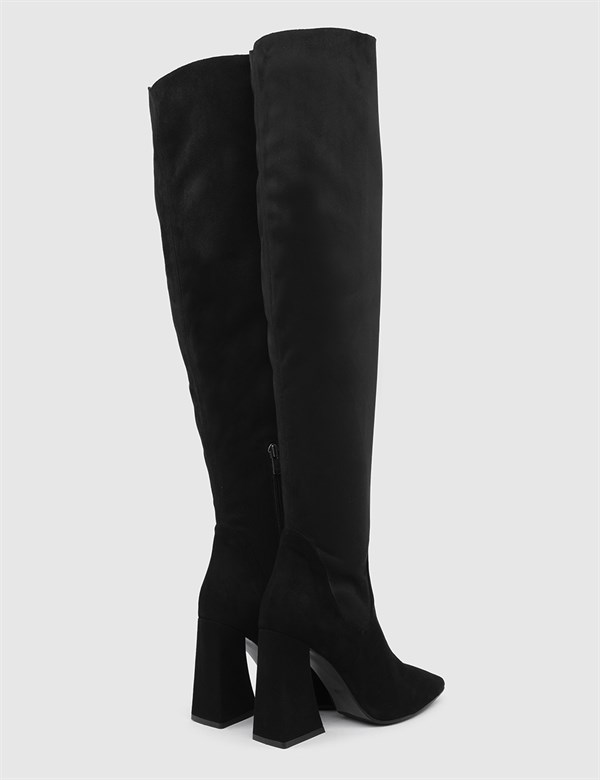 Torbay Hakiki Süet Deri Kadın Siyah Topuklu Çizme