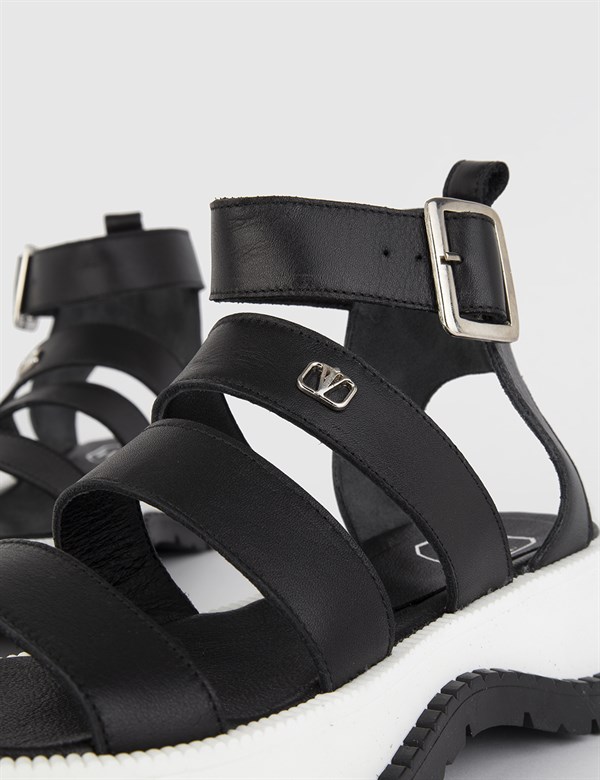 Troya Black Leather Women's Sandal