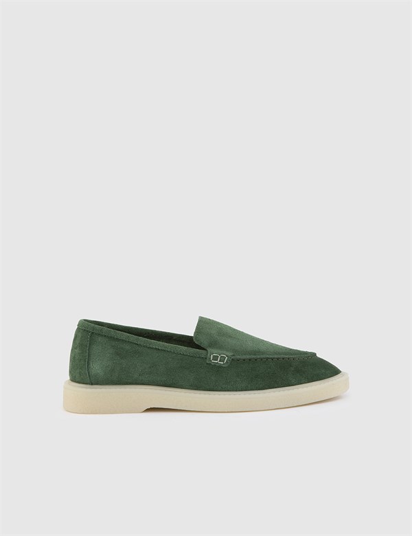 Wang Hakiki Süet Deri Kadın Yeşil Loafer Ayakkabı