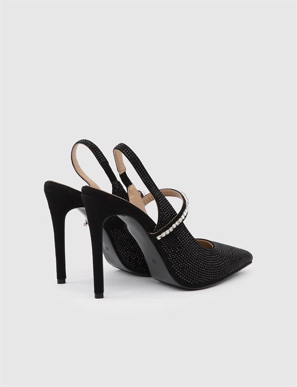 Windsor Hakiki Süet Deri Kadın Siyah Taşlı Topuklu Sandalet