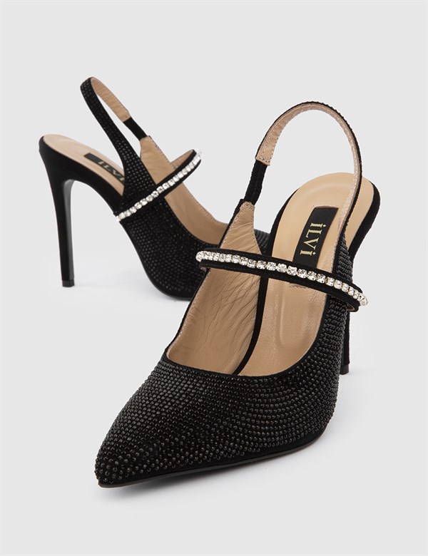 Windsor Hakiki Süet Deri Kadın Siyah Taşlı Topuklu Sandalet