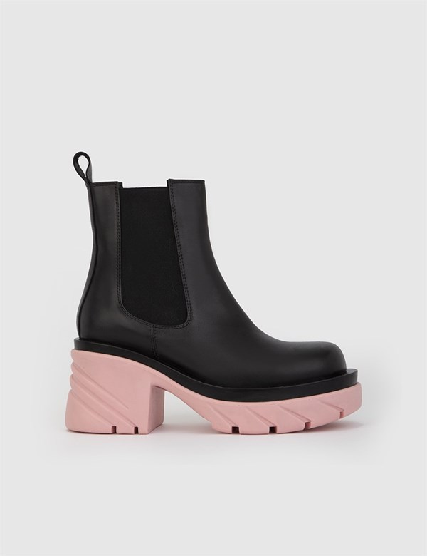 Treva Black Leather Women's Heeled Boot with Pink Outsoles - İLVİ